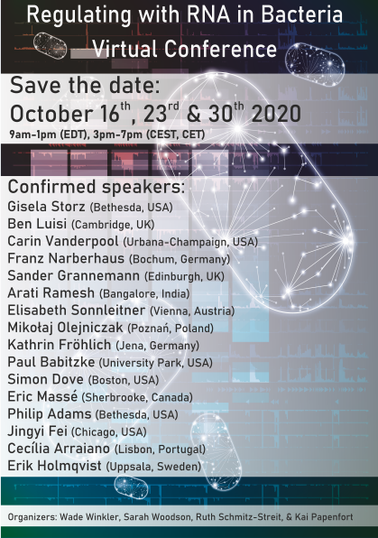 Papenfortlab (@papenfortlab) on Twitter photo Save the date for #microbialRNA2020. The first virtual microbial RNA meeting. Oct 16th, 23rd & 30th. With <a href="/storzlab/">storzlab</a>,<a href="/DrPhilipAdams/">Philip Adams</a>,@eholmqvist77, <a href="/FranzNarberhaus/">Franz Narberhaus</a>,<a href="/BabitzkePaul/">Paul Babitzke</a>,<a href="/MicroPhysIL/">Cari Vanderpool</a>, @GrannemanSander,@SarahLSvensson,<a href="/fei_jingyi/">Jingyi Fei</a> and many more. Registration opening soon. Save the date for #microbialRNA2020. The first virtual microbial RNA meeting. Oct 16th, 23rd & 30th. With <a href="/storzlab/">storzlab</a>,<a href="/DrPhilipAdams/">Philip Adams</a>,@eholmqvist77, <a href="/FranzNarberhaus/">Franz Narberhaus</a>,<a href="/BabitzkePaul/">Paul Babitzke</a>,<a href="/MicroPhysIL/">Cari Vanderpool</a>, @GrannemanSander,@SarahLSvensson,<a href="/fei_jingyi/">Jingyi Fei</a> and many more. Registration opening soon.