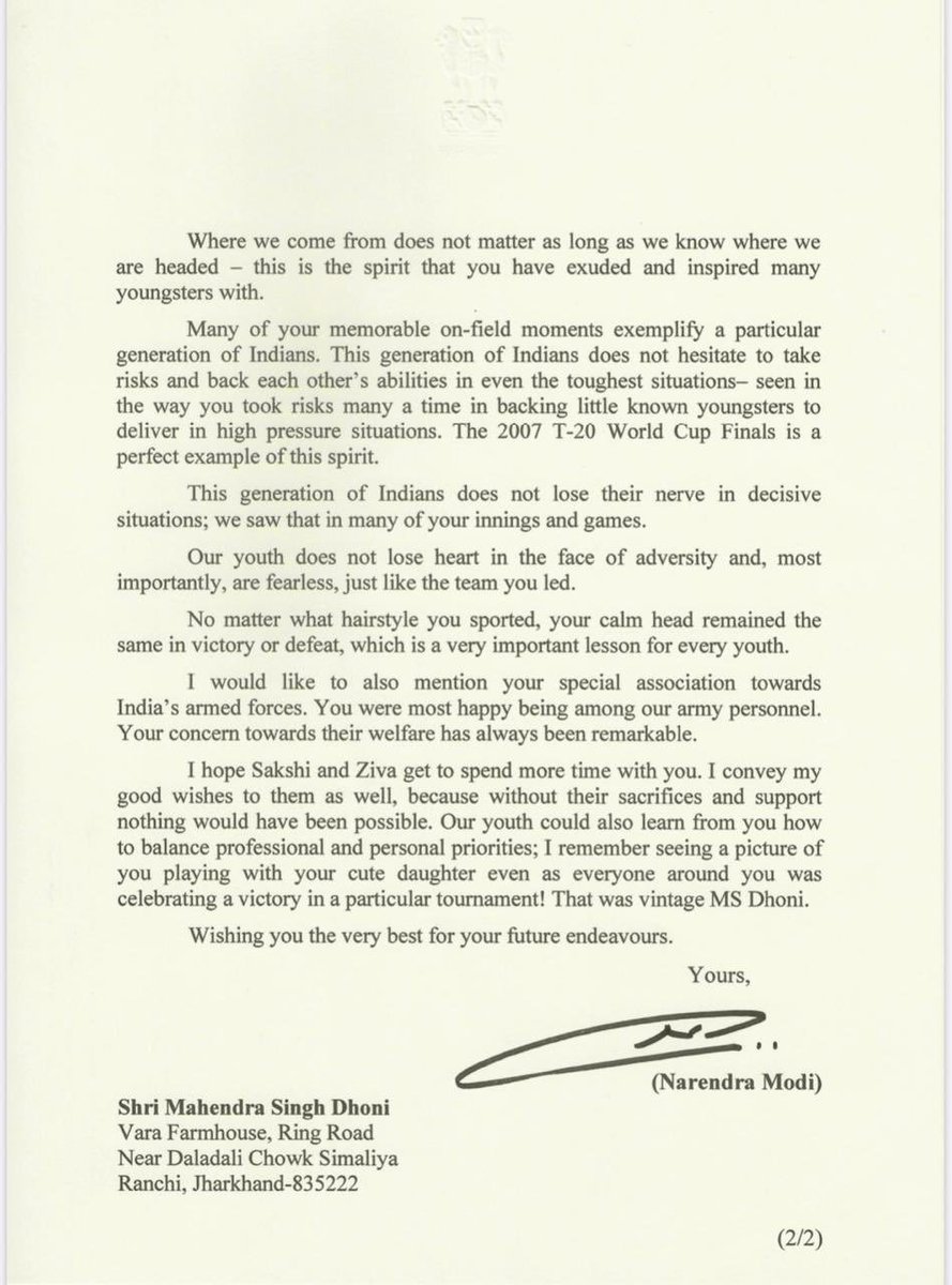 ANI's tweet image. PM Modi writes to MS Dhoni. Letter reads, &quot;In your trademark unassuming style you shared a video that was enough to become a passionate discussion point for entire nation. 130 Cr Indians were disappointed but also eternally grateful for all that you have done for Indian cricket.&quot;
