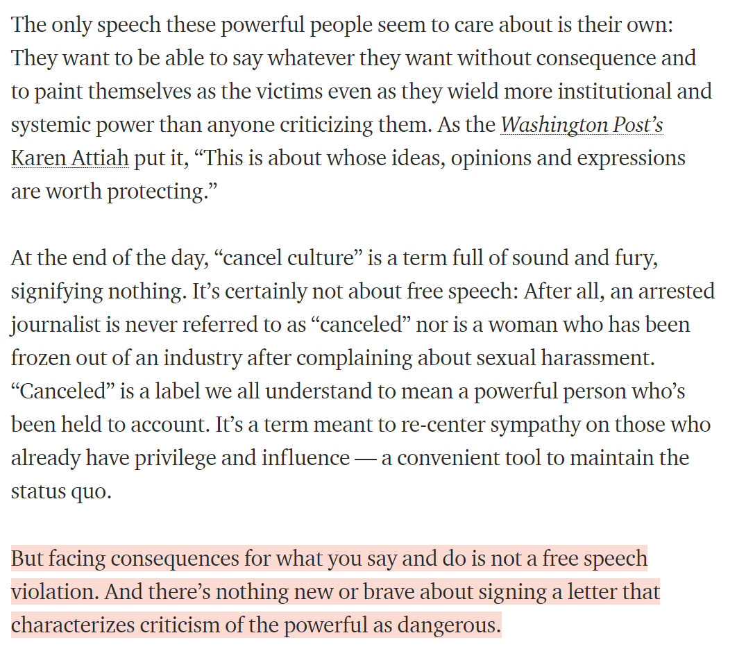 Par ailleurs, le flou dans ce qu'est “la cancel culture” permet de mettre dans le même panier des pratiques extrêmement variées, et d'ainsi disqualifier des critiques en leur attribuant une étiquette infamante d'excès ou abus justifiée via d'autres cas. https://gen.medium.com/cancel-culture-is-how-the-powerful-play-victim-e840fa55ad49