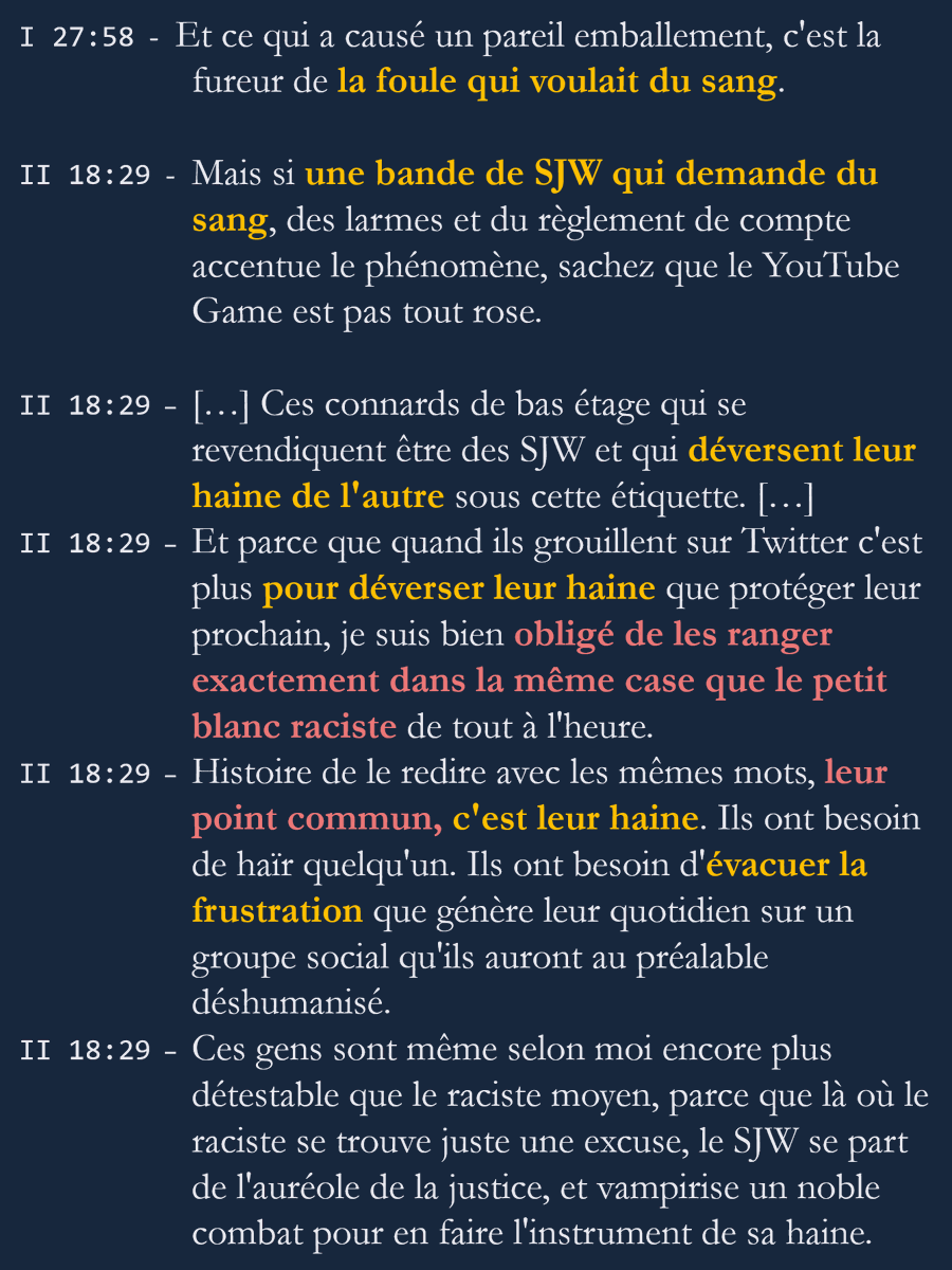 À ce sujet, AG explique et répète qu'il s'agit d'une “foule qui veut du sang”. Il s'agirait pour “les cancelleurs” de déverser “leur haine”. Au même titre, d'ailleurs, que les racistes et autres qui, AG nous explique, emploieraient la race comme prétexte pour rediriger sa rage.