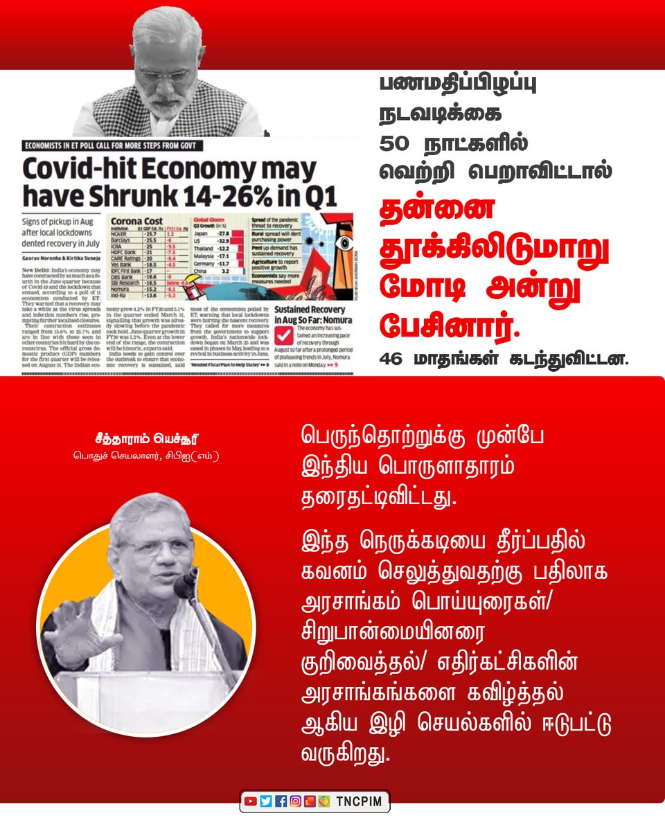 tncpim's tweet photo. பணமதிப்பிழப்பு நடவடிக்கை 50 நாட்களில் வெற்றி பெறாவிட்டால் தன்னை தூக்கிலிடுமாறு மோடி அன்று பேசினார். பெருந்தொற்றுக்கு முன்பே இந்திய பொருளாதாரம் தரைதட்டிவிட்டது. - தோழர் சீத்தாராம் யெச்சூரி #CPIM #Demonteisation #EconomicFallDown #BJPLies #IndiaFightsCorona @SitaramYechury https://t.co/HACkWtHvQh