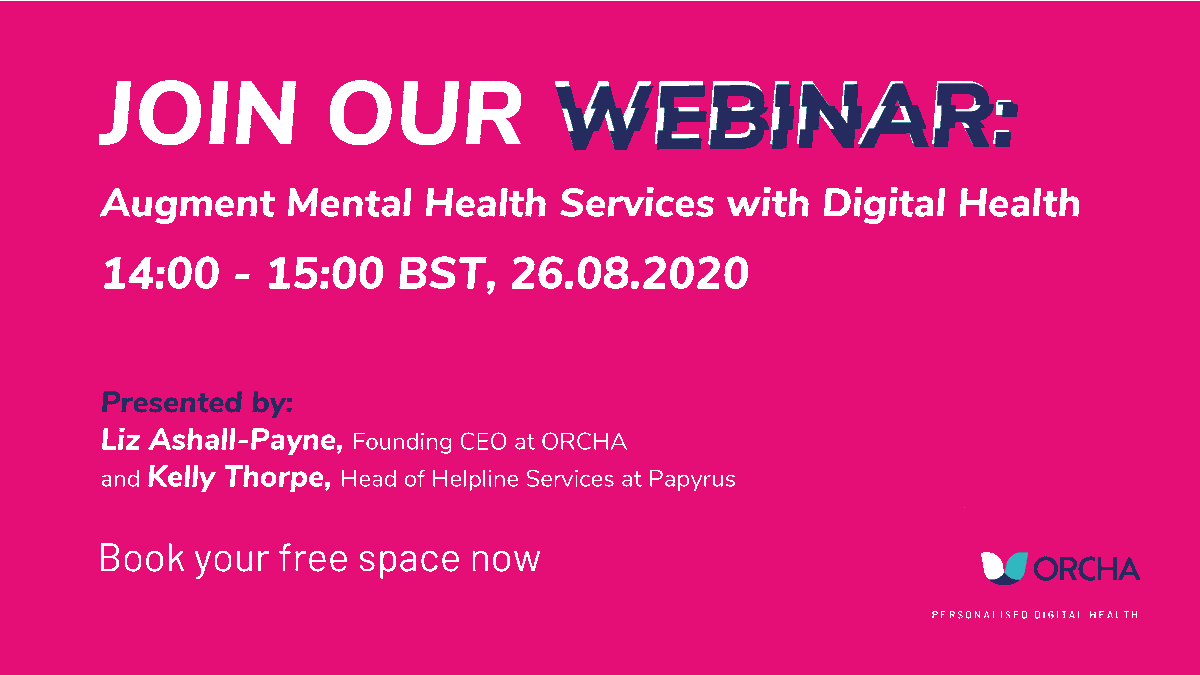 OrchaHealth's tweet photo. Free webinar: Augment Mental Health Services with Digital Health
Join ORCHA's @LizAshallPayne & @KelThorpe, Head of Helpline Services at @PAPYRUS_tweets to learn more about how you can build #DigitalHealth tools into your #MentalHealth patient pathway.
https://t.co/NOu8WzkBE0 https://t.co/5fj0m7MmJR