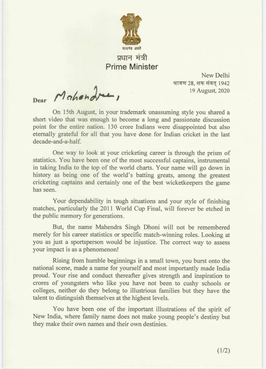 JournalsmUntied's tweet photo. PM Modi writes to MS Dhoni. The letter reads, "In your trademark unassuming style you shared a video that was enough to become a passionate discussion point for the entire nation. 130 Cr Indians were disappointed but also eternally grateful for all that you have done for India" https://t.co/96fA86yVxL