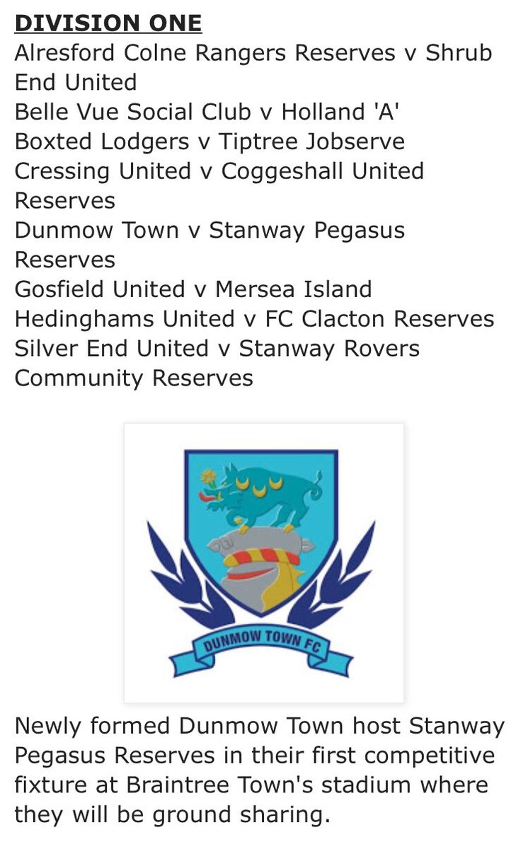 dunmowtownfc's tweet photo. Be part of this historic day.  5th September.  Join us for our first home game.  3pm kick off. Our home games are at Braintree Town Fc.  Fantastic facility.  Free entry.  Fans are allowed.  Get behind us #Dunmow @E_SBorderLeague https://t.co/j7WdKZm5Ii