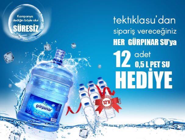 Tektıklasu’dan vereceğiniz her Gürpınar su siparişinize, 12 adet 0,5L Pet Su hediye! Üstelik kampanyamız süresiz! 
İster mobil uygulamamızdan;
tektiklasu.com/mobilapp
İster Sipariş Hattımızdan;
0850 259 00 20
Tek tıkla Siparişinizi verin, hemen kapınıza getirelim!