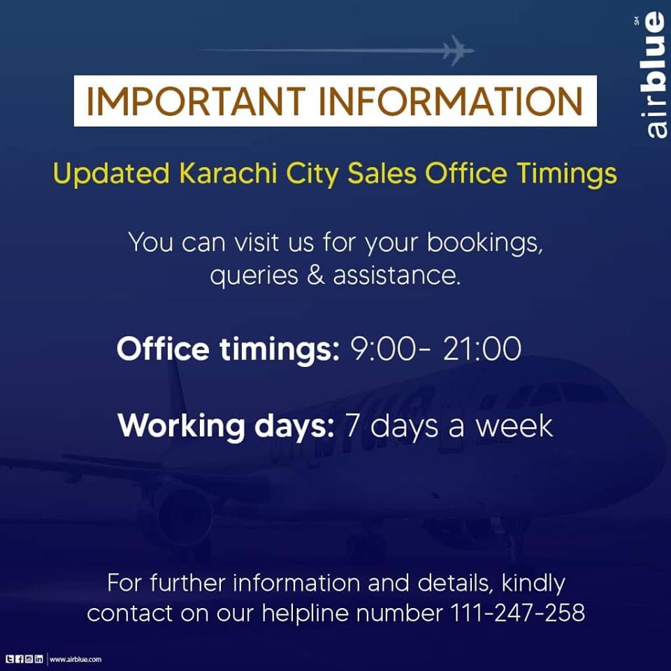 airblueairline's tweet image. #ImportantNotification

Our #Karachi City Sales Office is now OPEN from 9 am to 9 pm. Visit for your bookings, queries &amp;amp; assistance 😊

#airblueCares 💙
