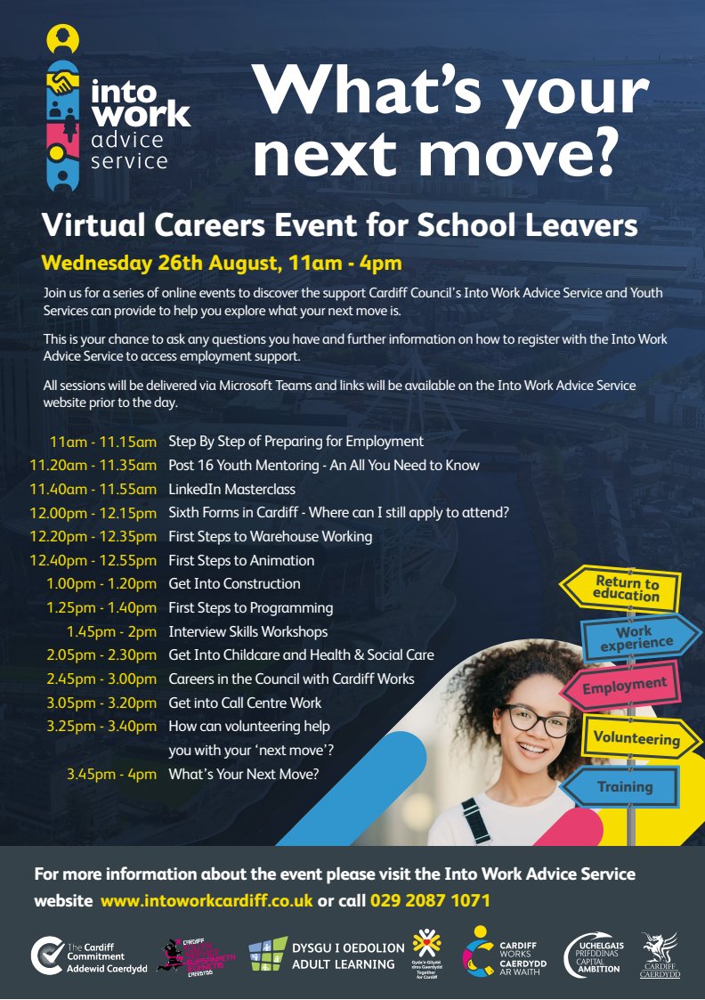 CdfCommitment's tweet photo. What’s Your Next Move? 
Join us on Wed 26th Aug 11am-4pm for a series of online events with @CardiffCouncil’s @intoworkcardiff &amp; @YouthCardiff to help you explore what your next move is: More info here 👉 https://t.co/7P8BKOJp7W

#WhatsYourNextMoveCdf https://t.co/EuOB5H3teb