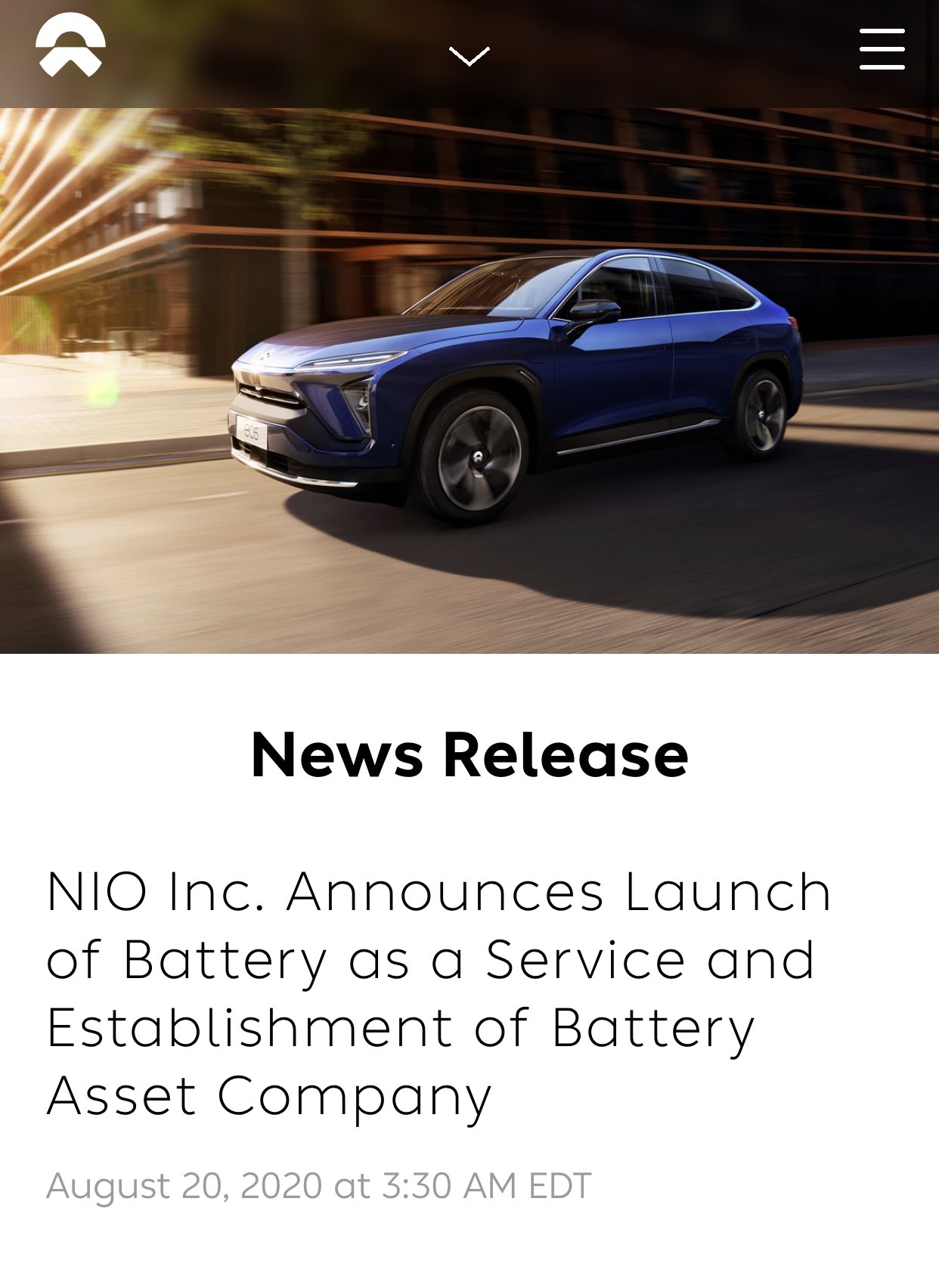 NIO Inc Announces Launch of Battery as a Service and Establishment of