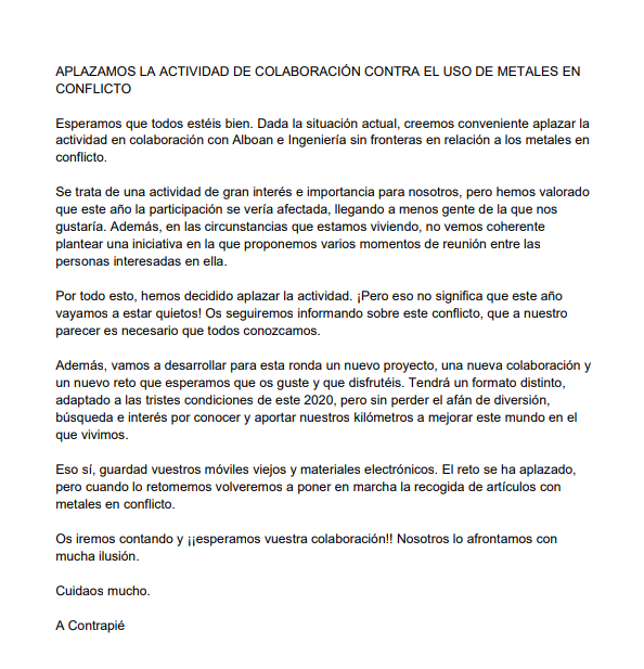 acontrapiee's tweet photo. APLAZAMOS LA ACTIVIDAD SOBRE LOS METALES EN CONFLICTO en la que íbamos a colaborar con @ALBOANongd y @federacionISF  Pero eso no quiere decir que este año vayamos a parar, seguiremos sumando nuestros kms a otros proyectos!! Juntos podemos hacer mucho en cualquier situación! https://t.co/i7z4TzlrDo