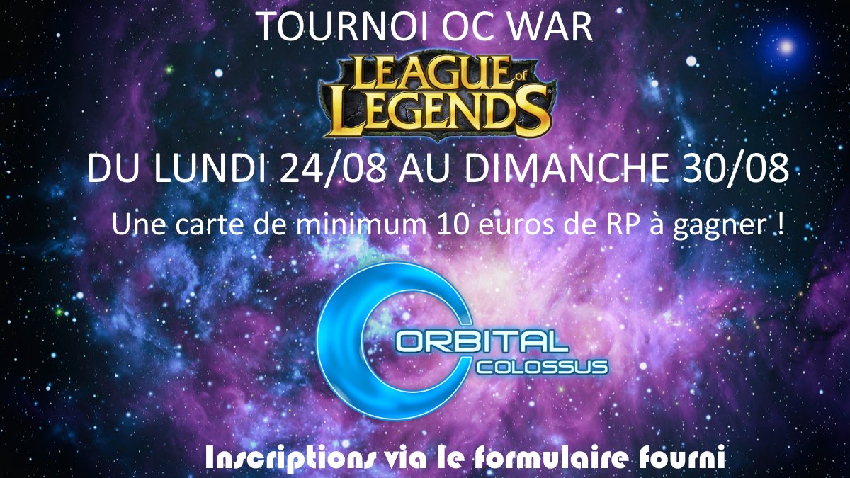 🏆 Tournoi League of Legends 🏆

<a href="/OrbitalColossus/">🇪🇺Orbital Colossus</a> organise un #tournoi #LeagueOfLegends :

⏰ Lundi 24 au dimanche 30 août
🤝 Une équipe de 4 membres
🔎 Inscriptions ici : docs.google.com/forms/d/e/1FAI…
📣 Tout se passe sur Discord : discord.gg/fdXpvV2
💰 #chasprize : 10€ de RP