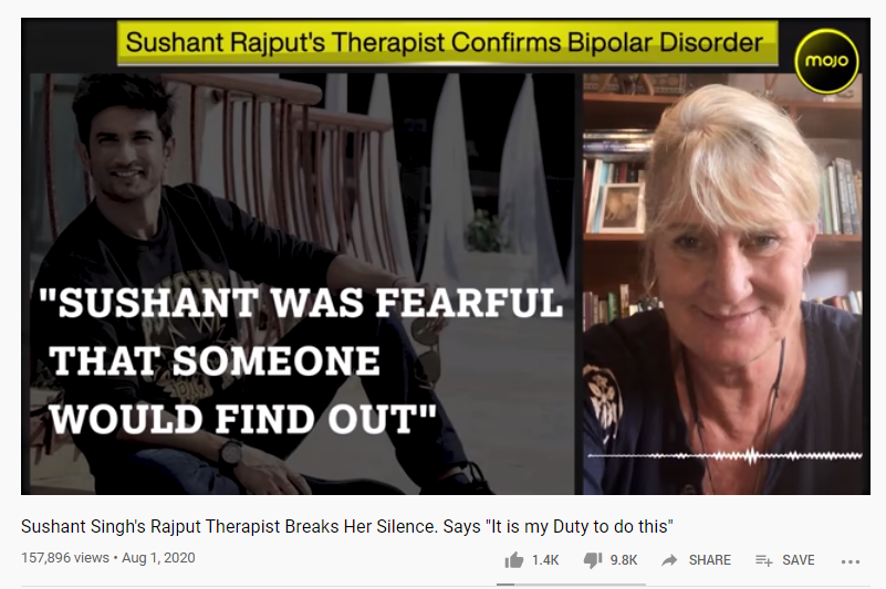 01-Aug-20Sushant Singh Rajput’s therapist-Susan Walker: ‘He was suffering from depression and hypomania, Rhea Chakraborty his strongest support’ https://www.hindustantimes.com/bollywood/sushant-singh-rajput-s-therapist-he-was-suffering-from-depression-and-hypomania-rhea-chakraborty-his-strongest-support/story-YcLTSRkwfKekdvfIgoLYAI.htmlAudio Interview-Another swamy conspiracy theory bites the dust.