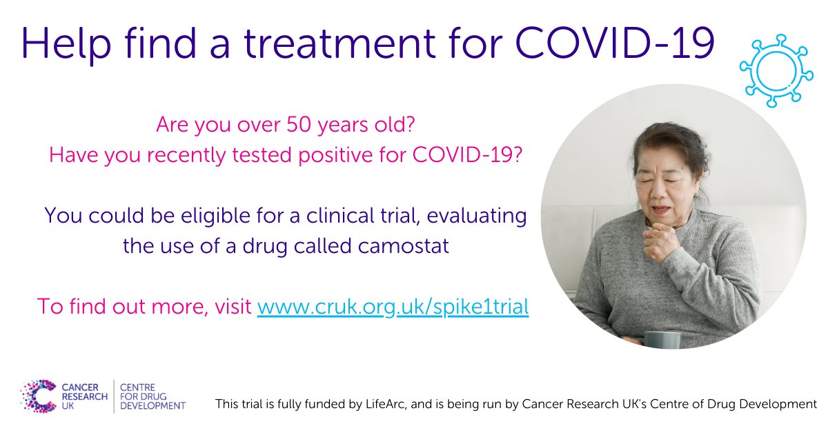 EdinCRC's tweet photo. Recruiting now for a clinical trial exploring a potential COVID-19 treatment. If you’re 50+ years old and recently tested positive for coronavirus, find out if you’re eligible for the SPIKE-1 trial, which is fully funded by LifeArc. Visit https://t.co/7CAgtGRvcb https://t.co/my4JHwv9aP