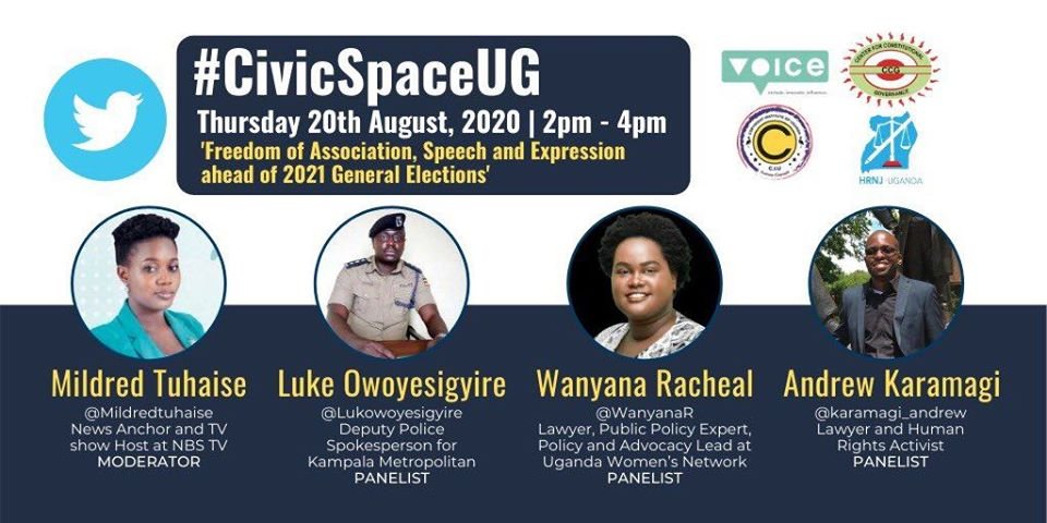 This afternoon, I will be on the panel with some notable leaders to discuss the state of freedom of speech, association and expression in Uganda ahead of the 2020/21 elections. The twitter chat is organised by @ccgea1. You can join the conversation using the Hashtag #CivicSpaceUg