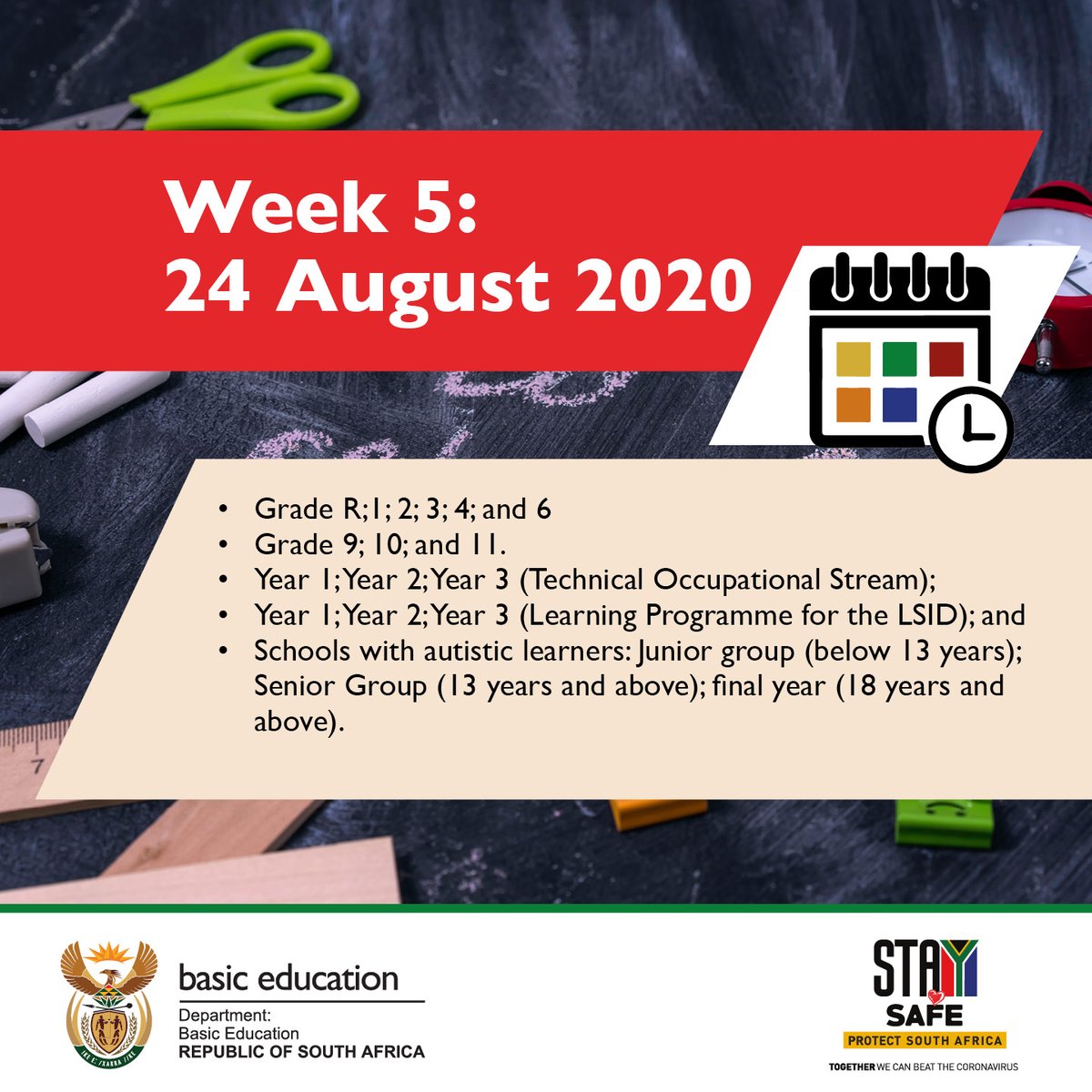 ReginahMhaule's tweet photo. #ReopeningSchools schedule for 24 &amp;31 Aug. Some schools returned other grades with Gr 12 learners having sought &amp;received approval from Provincial Offices. I want to urge parents to phone their school for more info on procedures &amp; protocols for returning grades @DBE_SA @GCISMedia https://t.co/ReVFrJVmhW