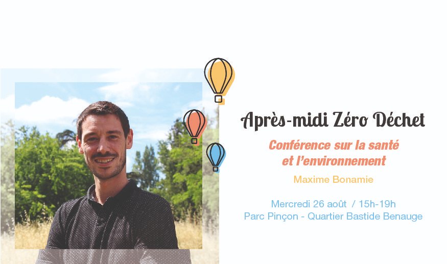 [#ZéroDéchet] Le 26 Août, Maxime Bonamie, animateur/consultant en #santé environnementale et au sein de la coopérative <a href="/CoopAlpha1/">CoopAlpha</a>, proposera une conférence-débat. Il vous accompagnera vers des alternatives concrètes. 

En savoir + : urlz.fr/dBKn #Bastide #Benauge