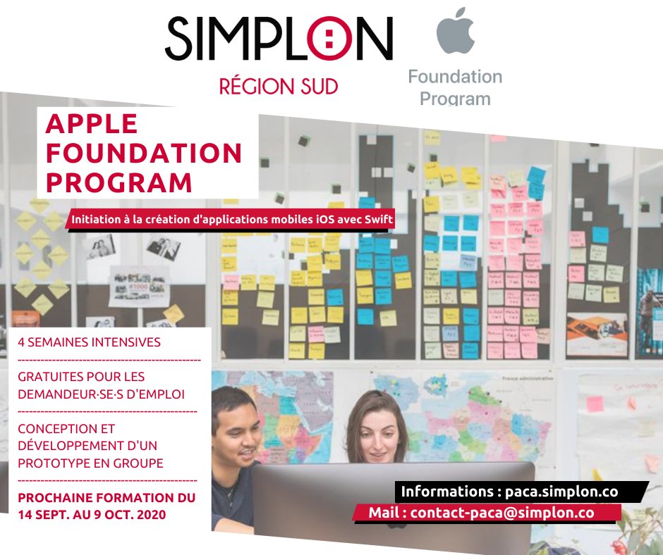 SimplonPaca's tweet photo. Initiez-vous gratuitement à création d’application mobile iOS avec Swift en 4 semaines !
📅La prochaine session de l'#AppleFoundationProgram à Marseille aura lieu du 14 septembre au 9 octobre.
✍️Formulaire d’inscription : https://t.co/fEBWAfLshw https://t.co/waGslqFz6G