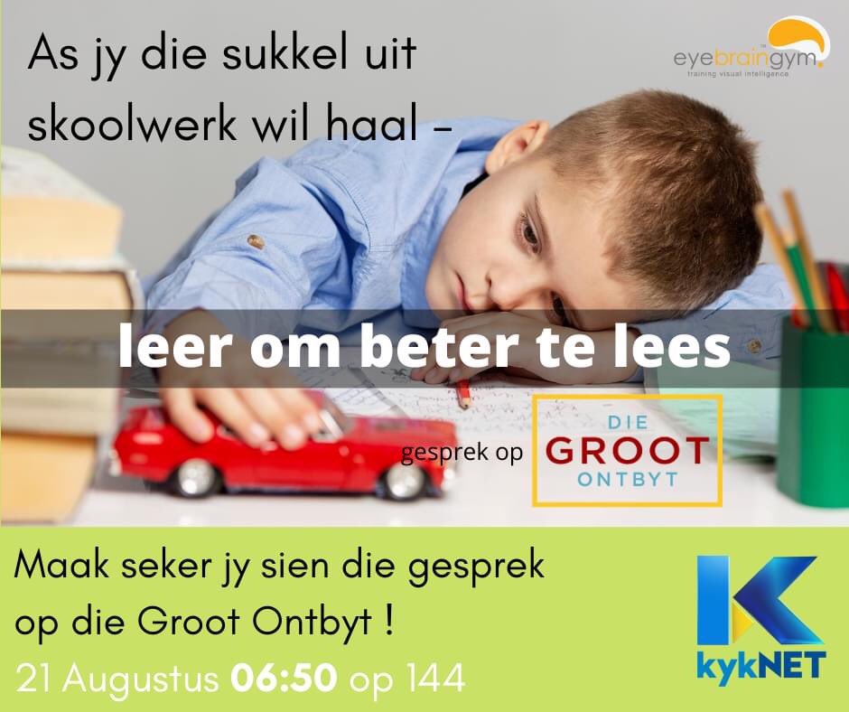 eyebraingym's tweet image. “As jy die sukkel uit skoolwerk wil haal – leer om beter te lees. “ 
Maak seker jy sien die gesprek op die Groot Ontbyt en vind uit hoekom is lees so ŉ groot uitdaging, en hoe kan ons elke een dit verbeter. 
Sien julle 21 Augustus 06:50 op 144
#LEERLEES
#eyebraingym
#lectorsa
