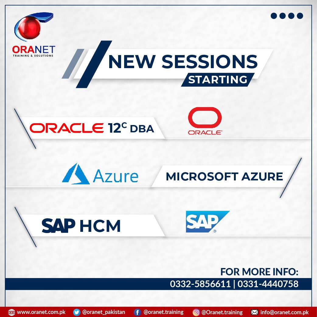 oranet_pakistan's tweet image. &quot;Avail Special Discount&quot;

Microosoft Azure New Session Starting from tomorrow at 6:30pm
Oracle 12c DBA New Session Starting from 22-Aug,2020 (Saturday) @ 7pm
SAP-HCM New Session Starting from 24-Aug,2020 (Monday) @ 7pm.

For Details: 0332-5856611 |0331-4440758
#livevirtualclasses