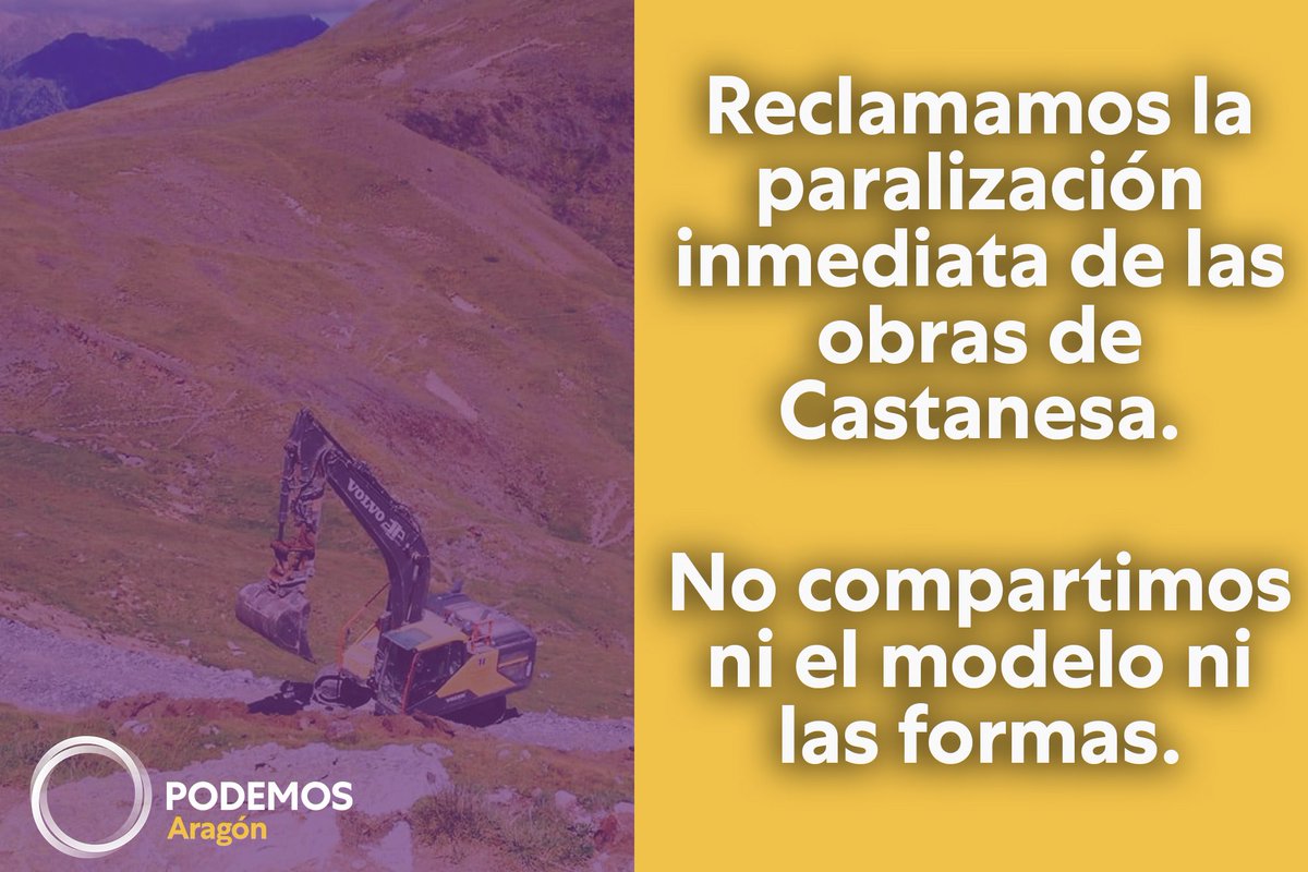 juralde's tweet image. Unidas Podemos exige que se retiren las máquinas de #Castanesa. Urge la paralización inmediata de las obras de ampliación de la estación de esquí de Cerler al considerar insostenible el proyecto. #SalvemosCastanesa