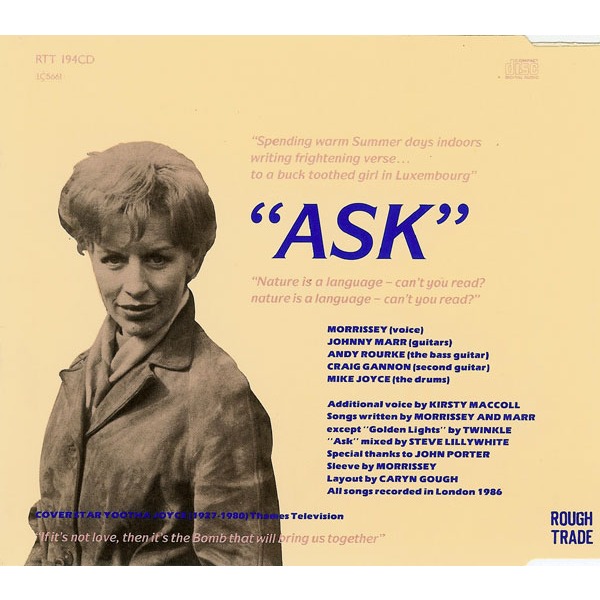 Gculloty87's tweet photo. Yootha Joyce on the cover of The Smiths 1986 single "Ask". #HappyBirthdayYootha https://t.co/CAPJKg3aRa