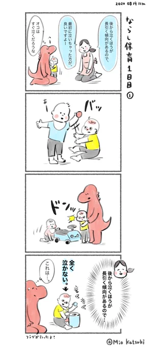 ならし保育始まりました!
まずは数時間、私も一緒に保育されてきます。

オコは意外なこと全く泣かず、黙々とオモチャで遊んだり、奇声上げながら走り回ったりしてました?

0歳児クラスでも、一人一人個性が出てきててとても興味深い!

#育児絵日記 #育児漫画 