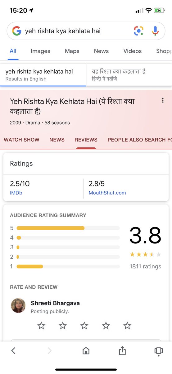 bhsh22's tweet photo. Here are Google ratings of some of the high TRP shows and #YehUnDinonKiBaatHai I don’t know what to say now https://t.co/FPVZs8zXfc