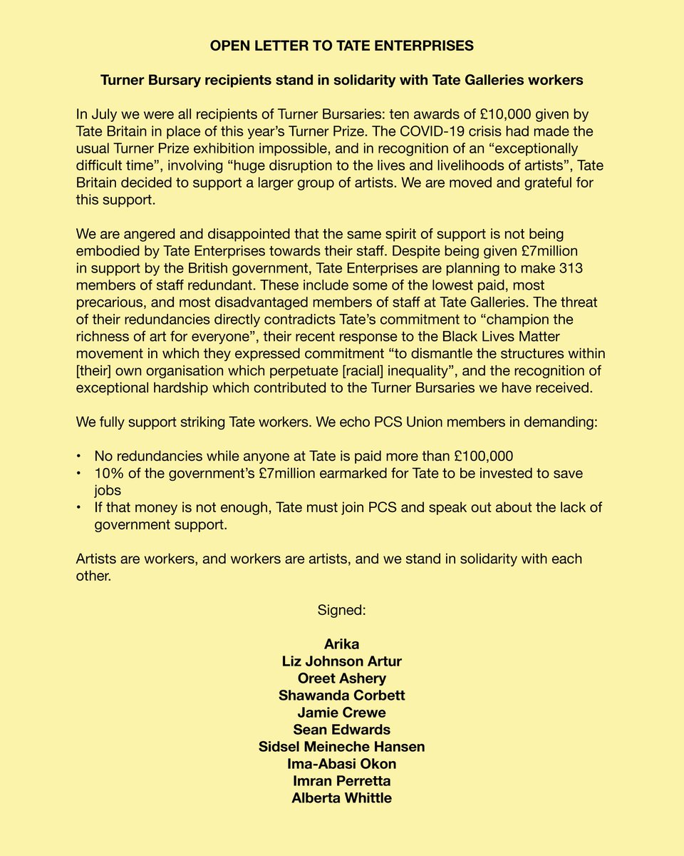 Tate_United's tweet photo. Open Letter to Tate Enterprises:

the 10 awardees of Tate's 2020 Turner Bursaries support Tate Enterprises workers and oppose the 313 redundancies at Tate.

Thank you for standing with us @00arika00 @jamiecrewe @seanjedwards and others! ✊

Read/share: https://t.co/EKtcBGEM3D https://t.co/95cXuWUdFc