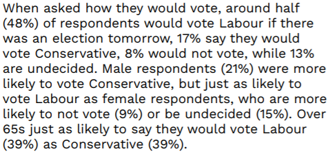 Voting intention figures for the sample (48% Labour, 17% Conservative; 13% undecided; 8% would not vote). A Labour/Conservative 39%-39% tie among ethnic minority over-65s is surprising (& not very plausible): likely to online sampling distortions among older ethnic minorities.