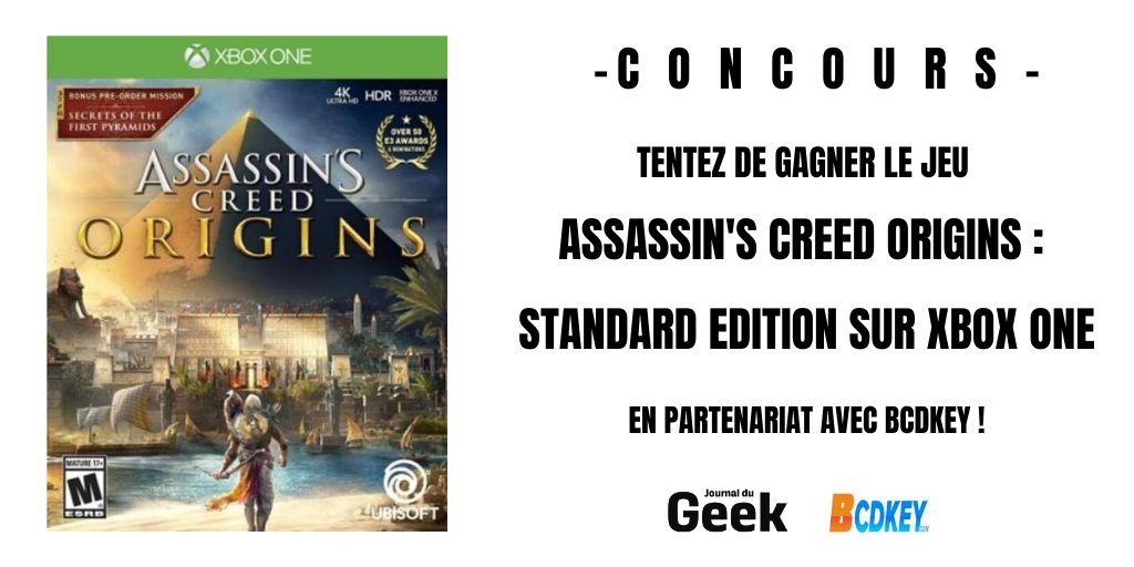JournalDuGeek's tweet photo. 🎮[#CONCOURS] 🎮
Tentez de remporter le jeu Assassin's Creed Origins: Standard Edition sur Xbox One !
Pour participer :
👉RT + Follow @JournalDuGeek &amp; @bcdkeycom
👉 Découvrez notre partenaire : https://t.co/7Fg9lQcaOg
Bonne chance à tous ! 🤞 https://t.co/hVvgxbScgL