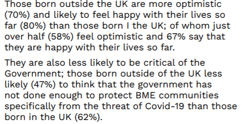 Ethnic minority migrants to the UK are more optimistic than British-born minorities. (This "migrant optimism" a consistent phenomenon in research: selection effects of those who migrate + comparisons to countries of origin + higher expectations of the British-born)