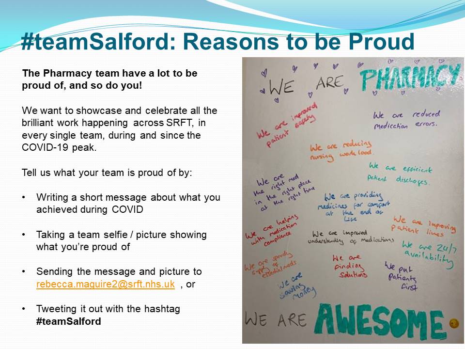 SRFT STAFF: introducing  #teamSalford: Reasons to be Proud!Each week we'll showcase a different team / topic. This week's spotlight is on the Pharmacy team - read this thread to find out why!Keep an eye out for screensavers & our upcoming newsletter for more info :)1/n