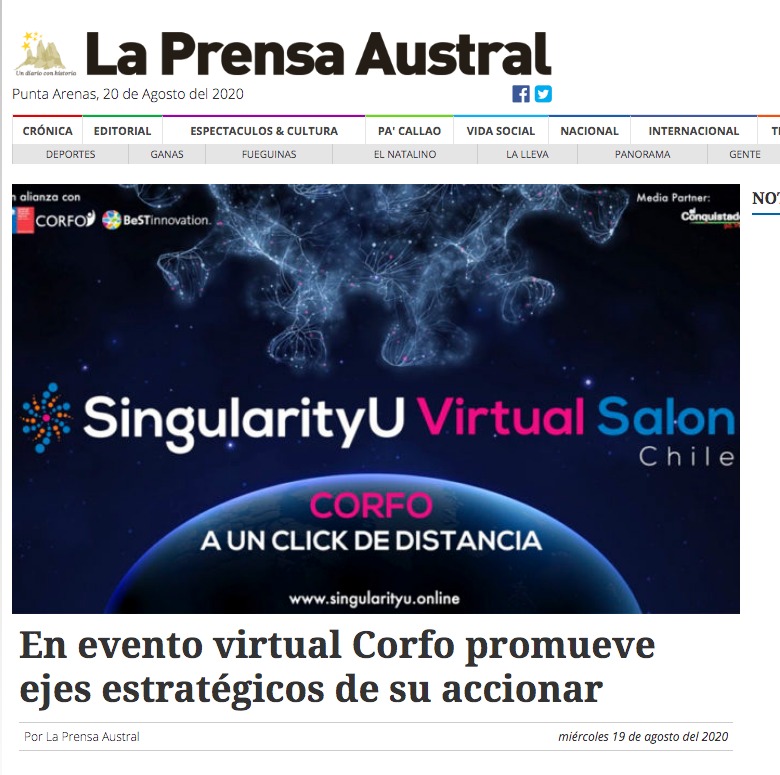 Gracias por la publicación a <a href="/LaPrensAustral/">La Prensa Austral</a>
Seguimos en este camino de democratizar el conocimiento en alianza con <a href="/Bestinnova/">BeSTinnovation</a> <a href="/fomentobiobio/">Corfo Biobío</a> <a href="/Corfo/">Corfo</a> y nuestro Media Partner <a href="/FMConquistador/">El Conquistador 91.3</a>

Inscríbete en singularityu.online