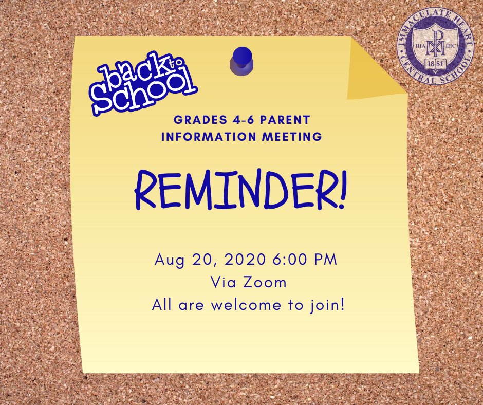 ihcschool's tweet photo. Grades 4-6 Information Meeting TONIGHT at 6:00pm via Zoom!

All are welcome to join and listen in! #BackToSchool 🎒

Zoom meeting details available on our website at https://t.co/21aptXzL9v https://t.co/VJFJKZBkGW