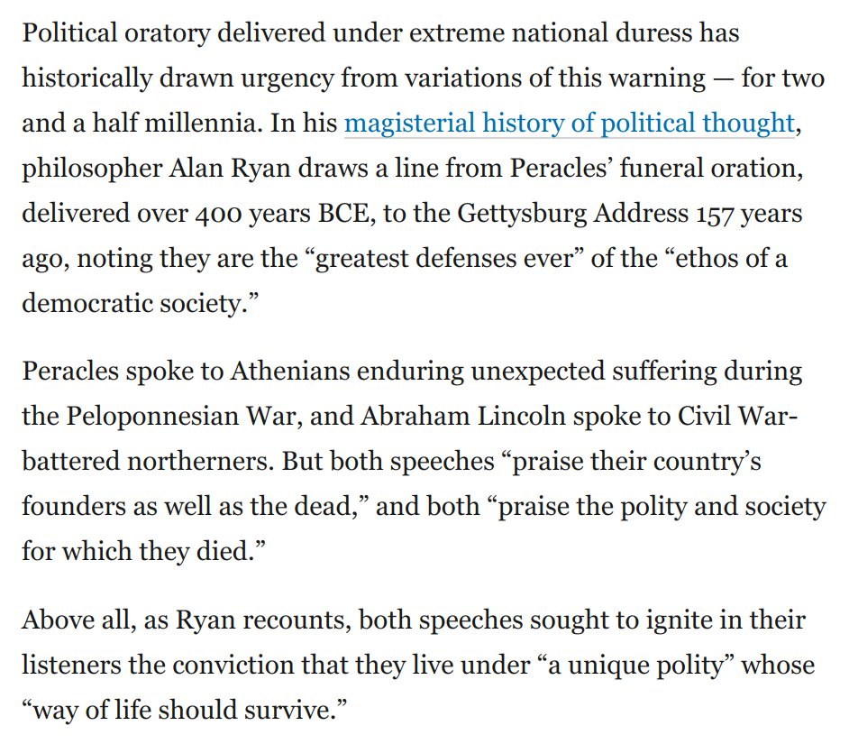 3) A hallmark of political oratory during moments of extreme national duress is the idea our polity and way of life should survive.This goes back to Peracles' funeral oration two and a half millennia ago and surfaced in Lincoln's Gettysburg Address: https://www.washingtonpost.com/opinions/2020/08/20/obamas-scathing-takedown-trump-contains-an-even-more-urgent-warning/?arc404=true