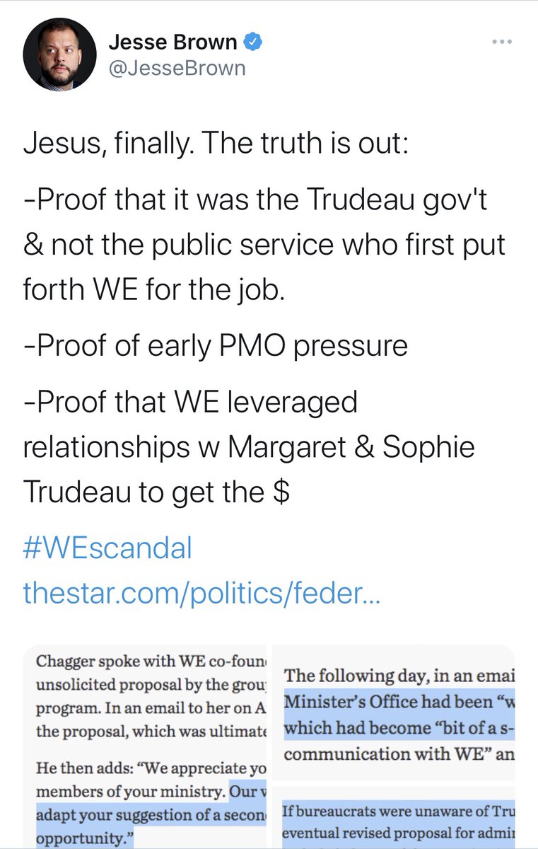 Last night, without actually citing anything from the WE documents, CBC’s David Cochrane reported that those documents support Trudeau’s version of events. They do not. And it’s not just the opposition who disagree. Take a look  1/