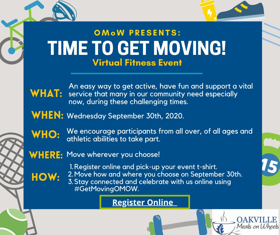Click below to register for our virtual fundraising event on Sept. 30th. Choose any activity: walk, run, hike, swim, bike, etc. Move at your own pace and share on social media. T-Shirt included in the registration cost. ow.ly/VgKU50B4Aql #Oakville #OMoW #GetMovingOMoW