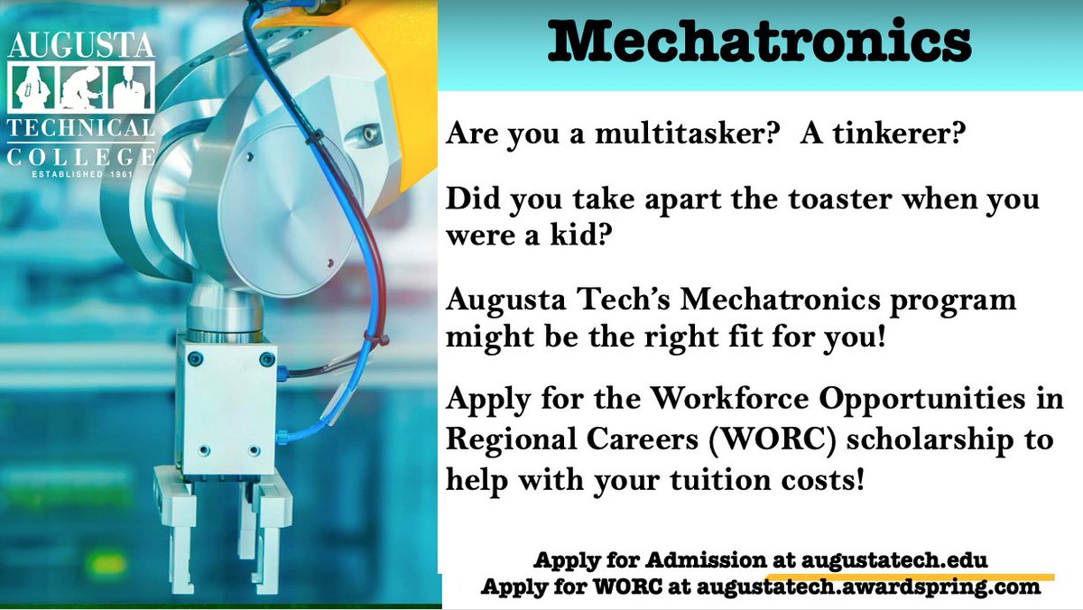 AugustaTech1's tweet photo. Mechatronics! Fall Semester starts August 24th! Grants and scholarships are available to assist you with tuition &amp; books costs. Face-to-face, online, and hybrid classes are available. Apply online today! #Fall2020 #AugustaTech https://t.co/IQyXrxJxeN