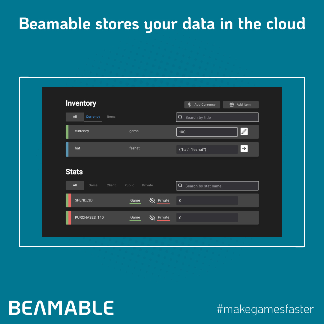 Beamable's tweet image. Beamable stores your data in the cloud, making it accessible from anywhere, any device, any time! Learn more about what is stored in our cloud portal docs.beamable.com/docs/portal #makegamesfaster #nocodegamedev #enjoymakinggames