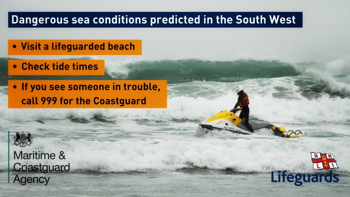LymeRegisRNLI's tweet photo. WARNING: Forecasts predict large swell, strong winds and spring tides in the South West.

If you’re heading to the coast:

🏖️Choose a lifeguarded beach (10am-6pm)

🌊Check tide times

📞In an emergency, call 999 for the Coastguard

Find your nearest👇

https://t.co/FUtC2e19di https://t.co/sBizWihjxz