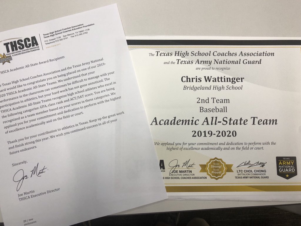 Thank you again <a href="/THSCAcoaches/">THSCA</a> and <a href="/TexasGuard/">Texas National Guard</a> for this prestigious award. Congratulations <a href="/ChrisWattinger_/">Chris Wattinger</a> on your academic success!