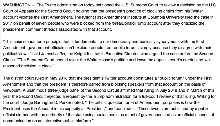 MikeScarcella's tweet photo. At US Supreme Court now, Barr's Justice Dept. challenges US appeals court ruling that said Trump violated First Amendment by blocking critics on Twitter https://t.co/CtHxwti6P1 Background: https://t.co/6fDO70beTC /// @knightcolumbia statement on today's DOJ petition: https://t.co/kQnCt91EY4