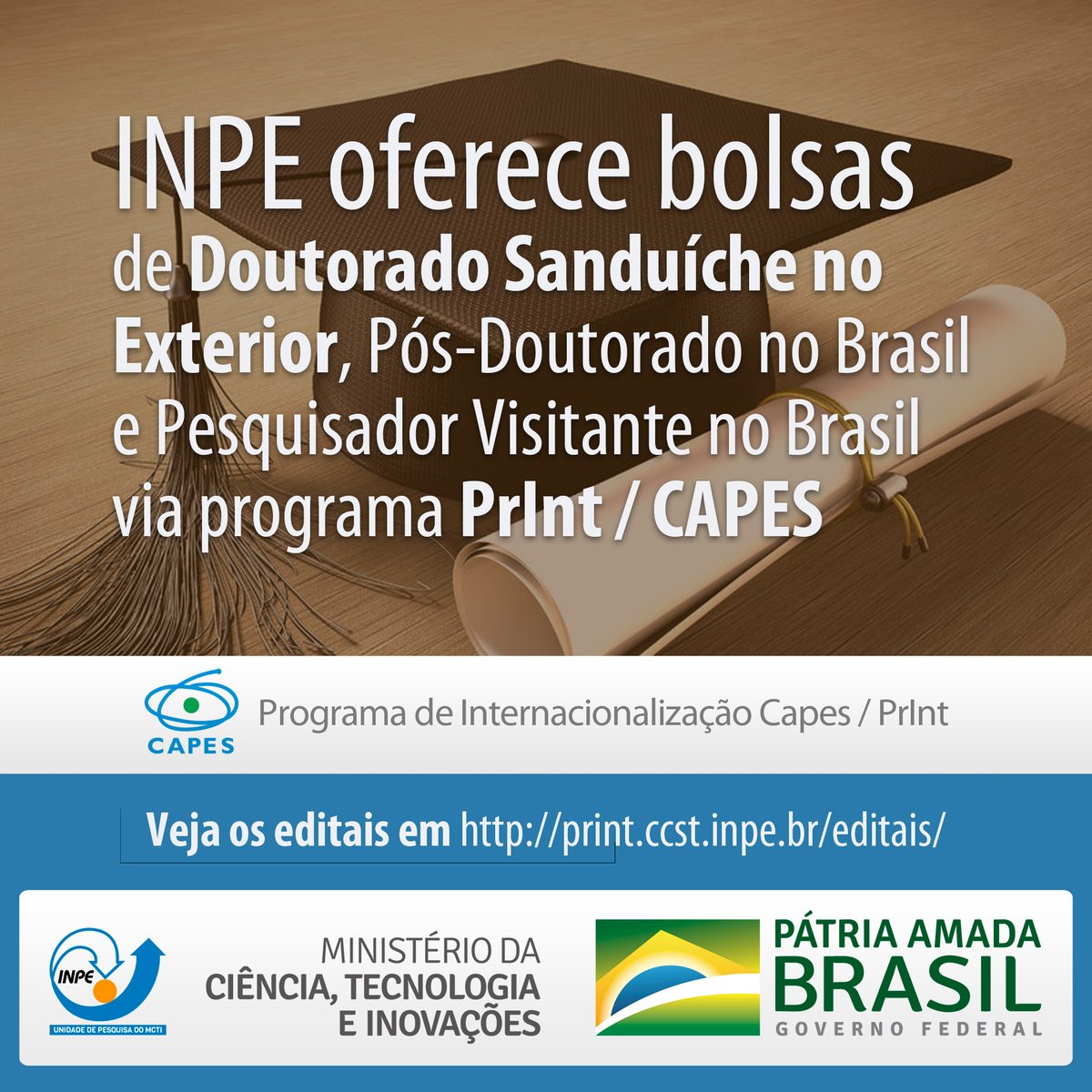 INPE oferece bolsas de Doutorado Sanduíche no Exterior, Pós-Doutorado no Brasil e Pesquisador Visitante no Brasil via programa PrInt / CAPES inpe.br/noticias/notic…