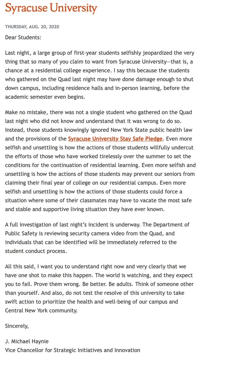 Jeff Rubin (@jhrubin) on Twitter photo On point, and a great message from <a href="/SyracuseU/">Syracuse University</a> . Don't be selfish, think of others, and let's try and do this the right way. On point, and a great message from <a href="/SyracuseU/">Syracuse University</a> . Don't be selfish, think of others, and let's try and do this the right way.