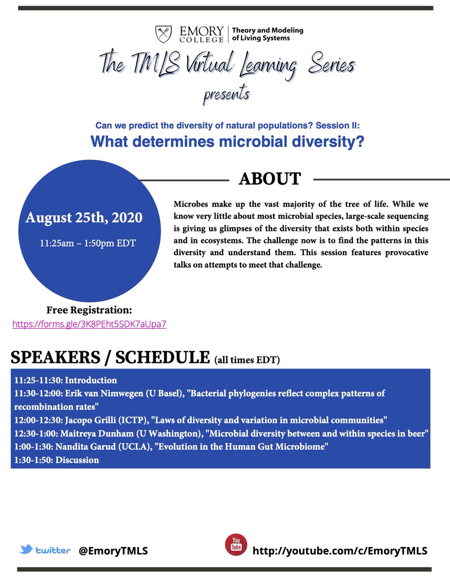 Daniel Weissman (@dbweissman) on Twitter photo session 2, microbial diversity, of our <a href="/EmoryTMLS/">Emory TMLS</a> free online workshop is coming up on 8/25! please register at forms.gle/3K8PEht5SDK7aU…. featuring <a href="/NimwegenLab/">NimwegenLab</a> <a href="/jacrickets/">Jacopo Grilli</a> <a href="/DunhamLab/">Maitreya Dunham</a> <a href="/nanditagarud/">Nandita Garud</a> session 2, microbial diversity, of our <a href="/EmoryTMLS/">Emory TMLS</a> free online workshop is coming up on 8/25! please register at forms.gle/3K8PEht5SDK7aU…. featuring <a href="/NimwegenLab/">NimwegenLab</a> <a href="/jacrickets/">Jacopo Grilli</a> <a href="/DunhamLab/">Maitreya Dunham</a> <a href="/nanditagarud/">Nandita Garud</a>