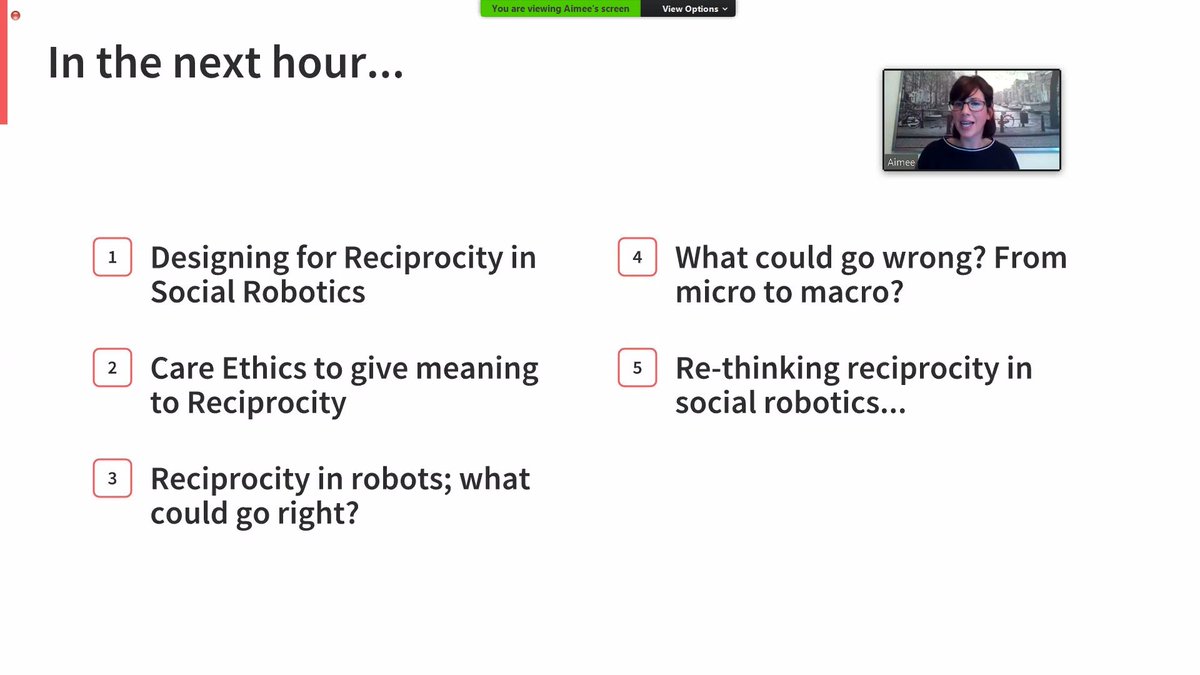 Robophilosophy Conference (@robophilosophy_) on Twitter photo We are live with today's next keynote: <a href="/aimeevanrobot/">Aimee van Wynsberghe</a> on “Social Robots Through the Lens of Care Ethics”, stressing the importance of rethinking reciprocity in #socialrobotics.
Join here (10€): robophilosophy2020.org
#robophilosophy2020 We are live with today's next keynote: <a href="/aimeevanrobot/">Aimee van Wynsberghe</a> on “Social Robots Through the Lens of Care Ethics”, stressing the importance of rethinking reciprocity in #socialrobotics.
Join here (10€): robophilosophy2020.org
#robophilosophy2020