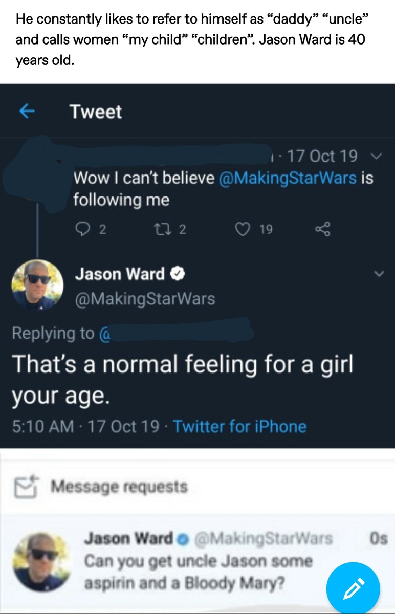 SW_takes's tweet photo. Since Jason Ward (MakingStarWars) is trying to make a come back with Star Wars leaks, here's some evidence of his disgusting behavior. There's more, but I don't want to involve the women he preyed upon again, since this is more than enough to stop following him. https://t.co/CubBpL14RQ