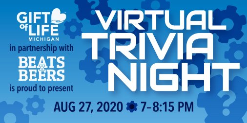 DetroitMOTTEP's tweet photo. Virtual Trivia is less than a week away! Hosted by @beatsxbeers founder Brandon Corder and our own Shalonda Griffin.

Test your knowledge of organ donation, sports, pop culture, Flint and more! 

Sign up at https://t.co/FTjUUvCWfE https://t.co/nr6SzvV88T