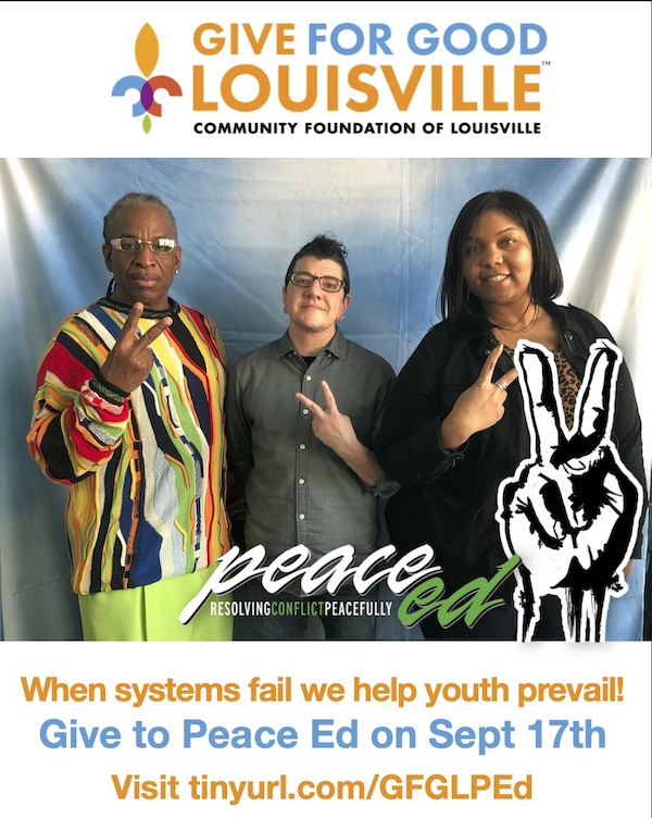 PeaceEdProgram's tweet image. Give for Good Louisville,  24 hours of online giving, is just a month away! Reduce violence and help keep the peace by supporting Peace Ed’s work with Louisville area youth. Save this link which goes live on Thursday, September 17! tinyurl.com/GFGLPEd #giveforgoodlouisville
