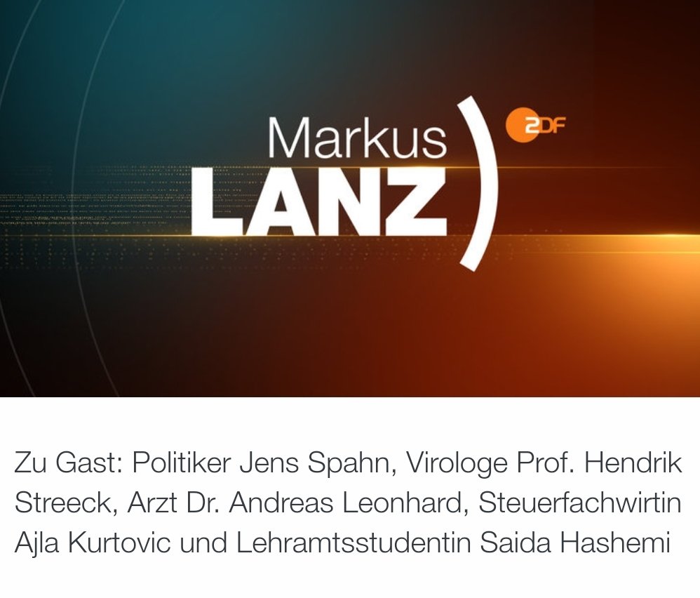 Um 23:15 Uhr Markus #lanz im <a href="/zdf/">ZDF</a>

Mit folgenden Gästen:

Ajla Kurtovic, Saida Hashemi, <a href="/jensspahn/">Jens Spahn</a> , <a href="/hendrikstreeck/">Hendrik Streeck</a> und Dr. Andreas Leonhard.