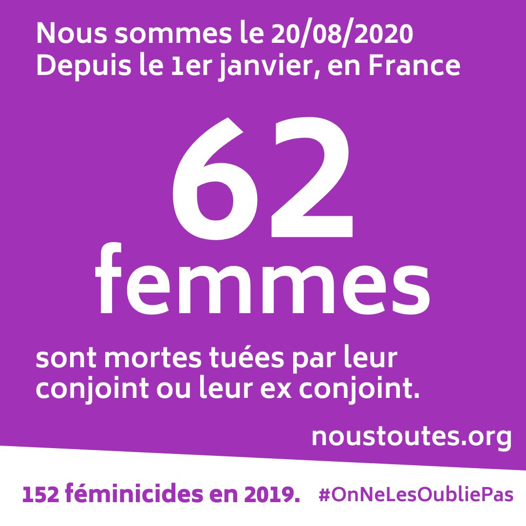 Dans la nuit du mercredi 19 au jeudi 20 août à Rennes (Ille-et-Vilaine), une femme (40 ans) a été assassinée par son compagnon. 

  Il s’agit du 62ème féminicide de 2020.

<a href="/EmmanuelMacron/">Emmanuel Macron</a> à quand un plan d’urgence ? 

Source : <a href="/feminicidesfr/">Féminicides Par Compagnons ou Ex</a> 

noustoutes.org
